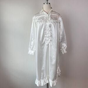Vintage 80s Long Sleeve Night Gown Ruffles Satin White size Small Cotton Lined